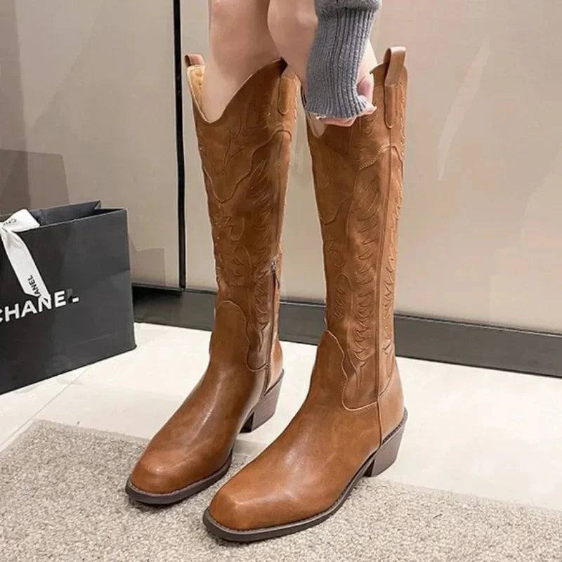 Giana - Knee High Western Boots with Embroidered Details