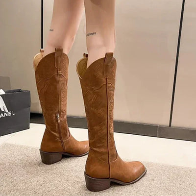 Giana - Knee High Western Boots with Embroidered Details