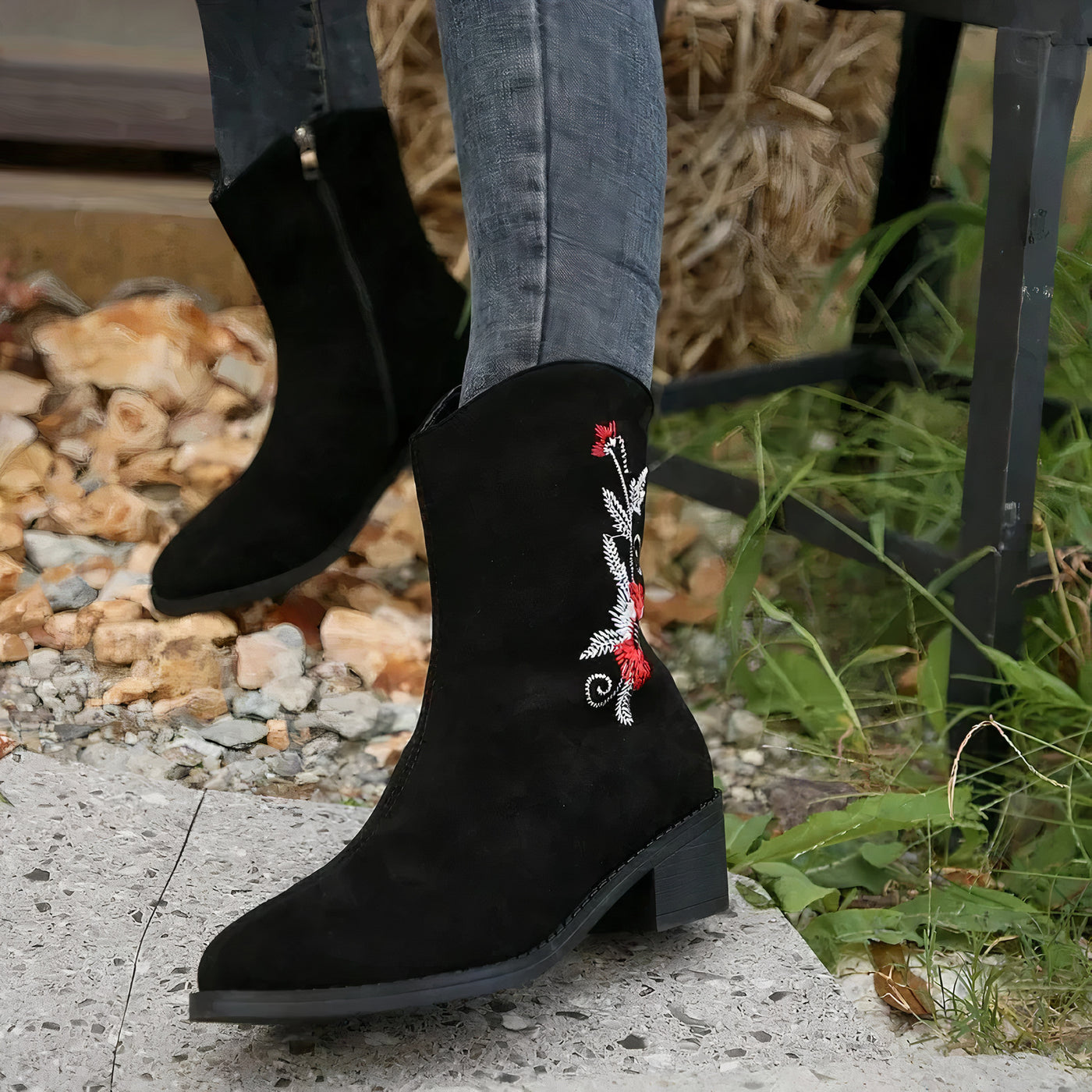 Layne - Women's Ankle Boots with Floral Embroidery